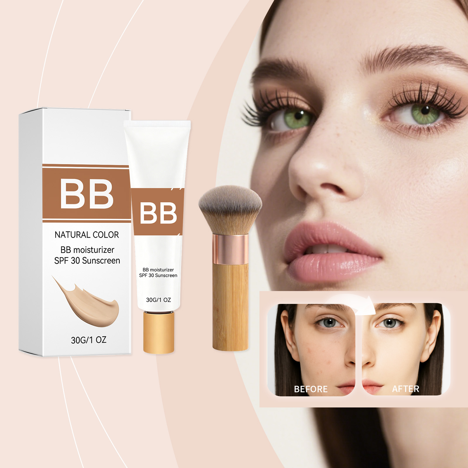 Makeup Beauty Ro - SPF30配合の色付き保湿BBクリーム、ヒアルロン酸配合で肌に潤いを与え、自然な輝きを生み出すファンデーション＆エコブラシ付きフェイスメイク