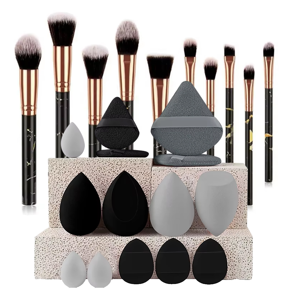 Makeup Beauty Ro - 10本入りマーブル柄メイクブラシセット：フェイス、アイ、ベース、チーク、眉用合成ブラシ、スポンジ付きパフ、化粧品ツール、デイリーメイクアップキット