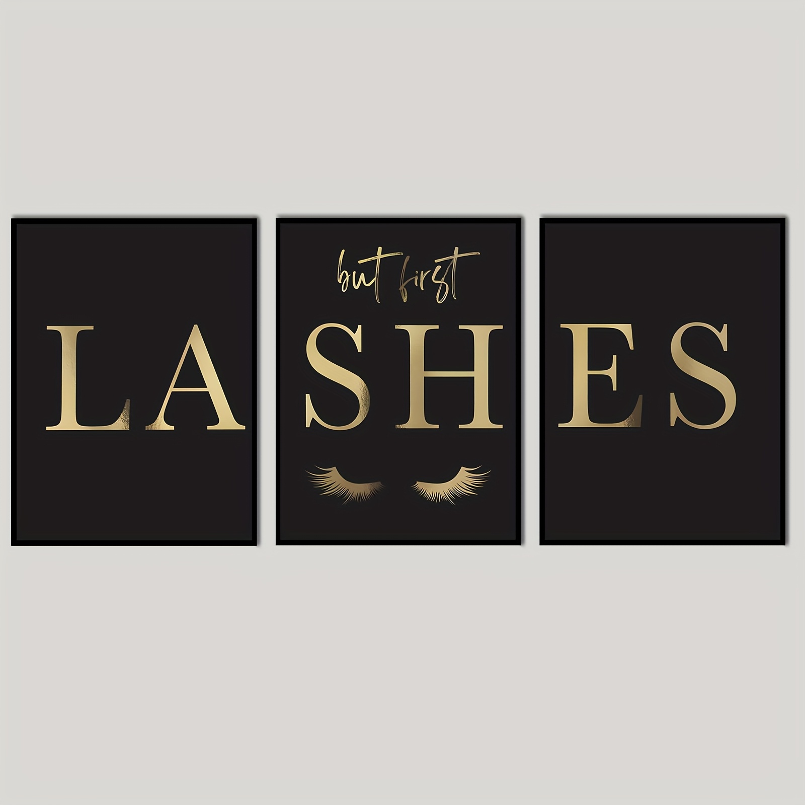 Eyelash Extension - （ノーフレーム3枚セット）-3枚セット「But First Lashes」プリントまつげエクステウォールアートキャンバスポスター、ビューティーサロンやまつげスタジオの装飾に