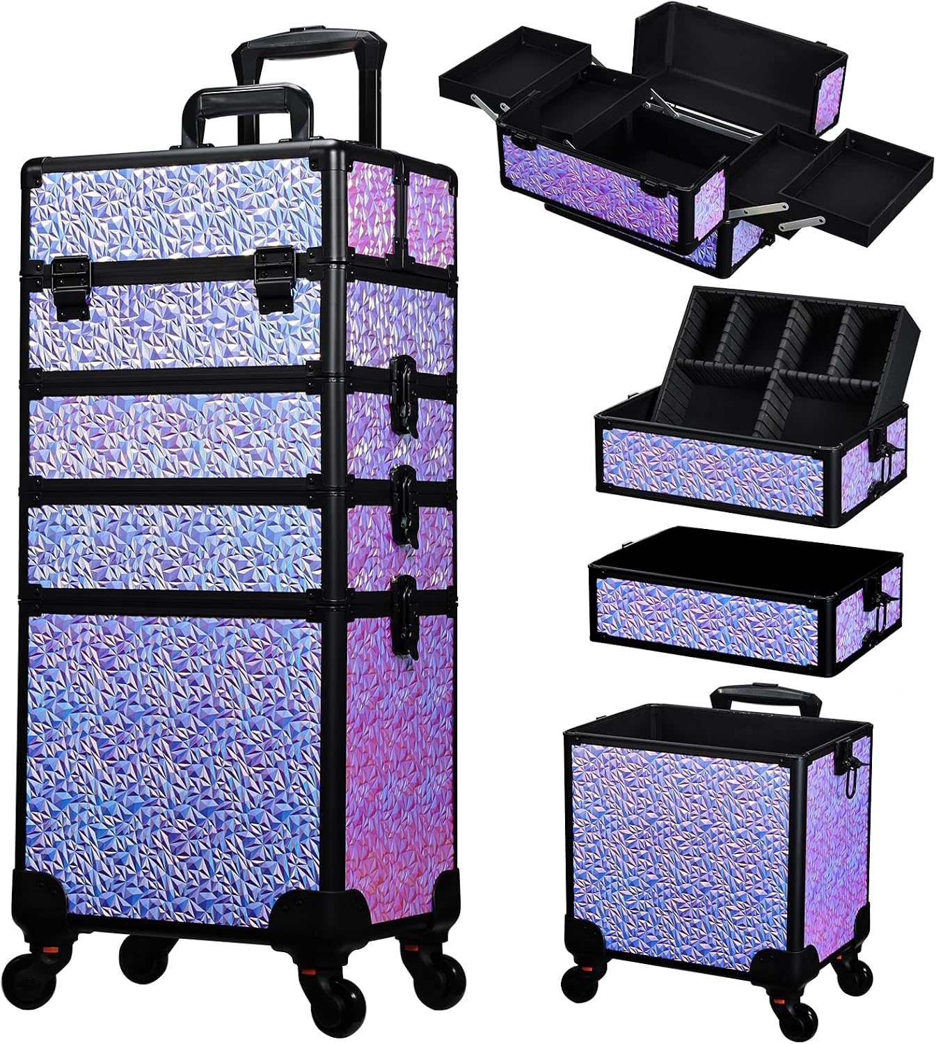 Beauty In Makeup - ローリングメイクアップトレインケース、引き出し付き大型コスメティック収納カート、旅行用ネイルサロンビューティーオーガナイザートロリー（車輪付き）、モバイルヘアスタイリスト用バニティボックス、光沢のあるパープル、1個セット